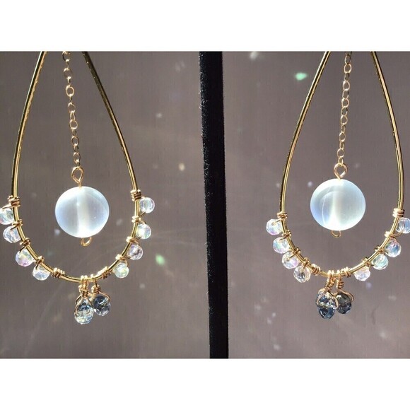 Handmade Wire Wrapped Dangle Earrings Sparkle Iridescent Mermaid Boho - Picture 3 of 7